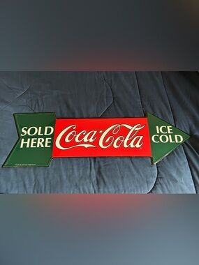 1990 27X9 Inch Arrow Coca Cola Sold Here Ice Cold Sign